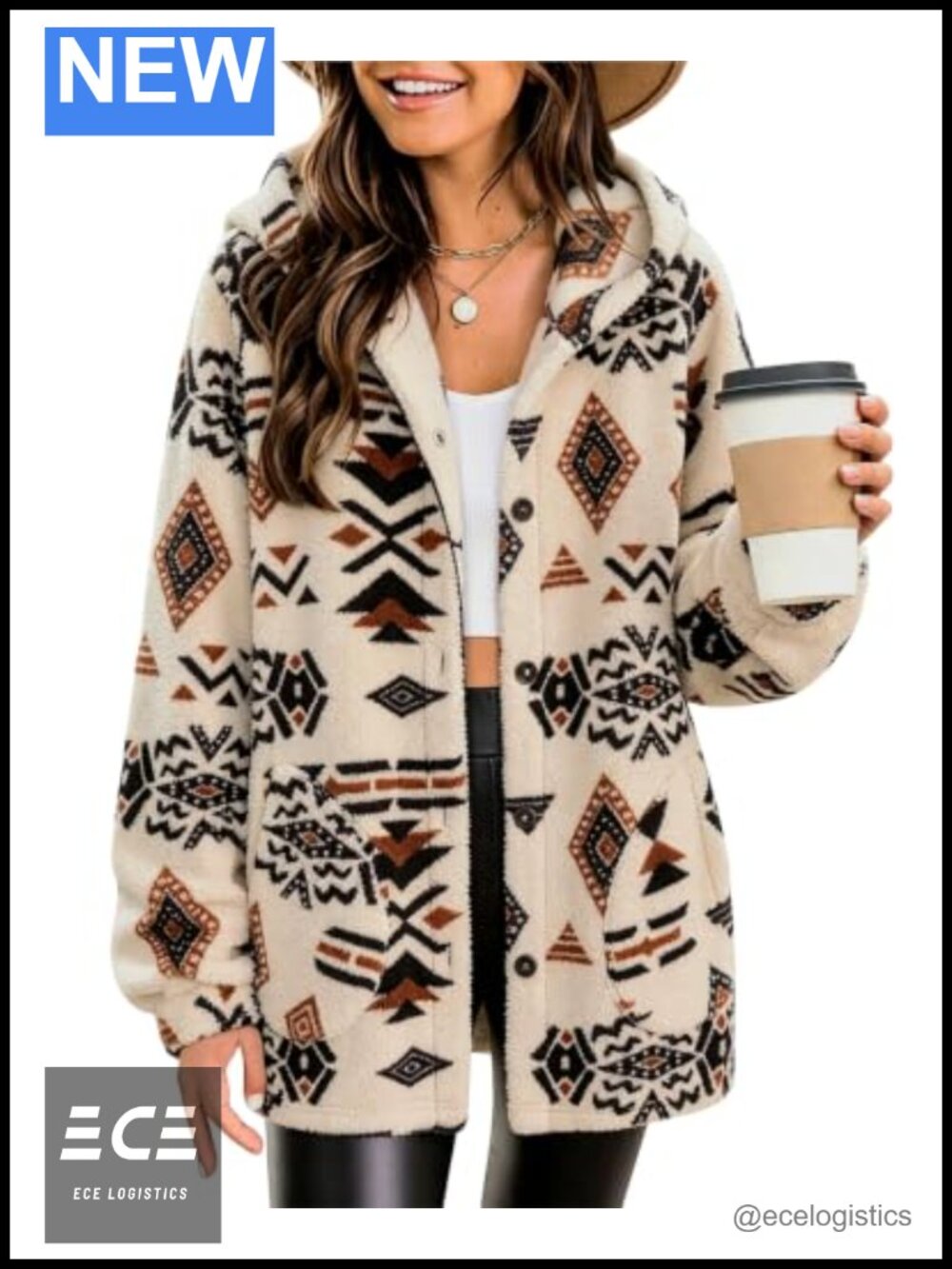 Aztec Print Fleece Hoodie Jacket Button Down Sherpa Coat Relaxed Fit